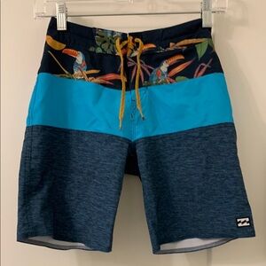 Billabong Blue Swim Trunks with Tropical Print